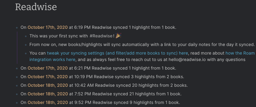 Roam Research Readwise Page